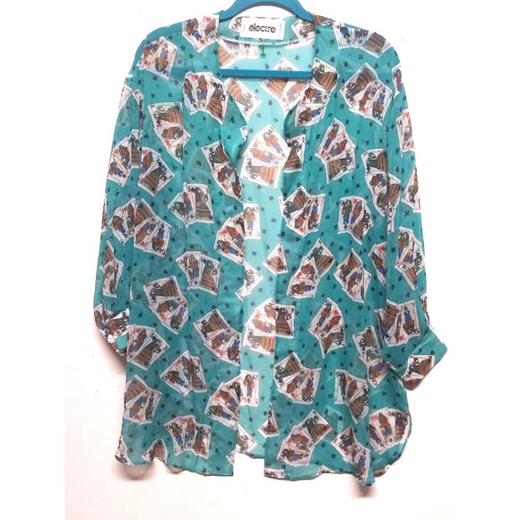 VTG Electre PARIS Duster Top One Size Turquoise Playing cards print Open front - Picture 9 of 9
